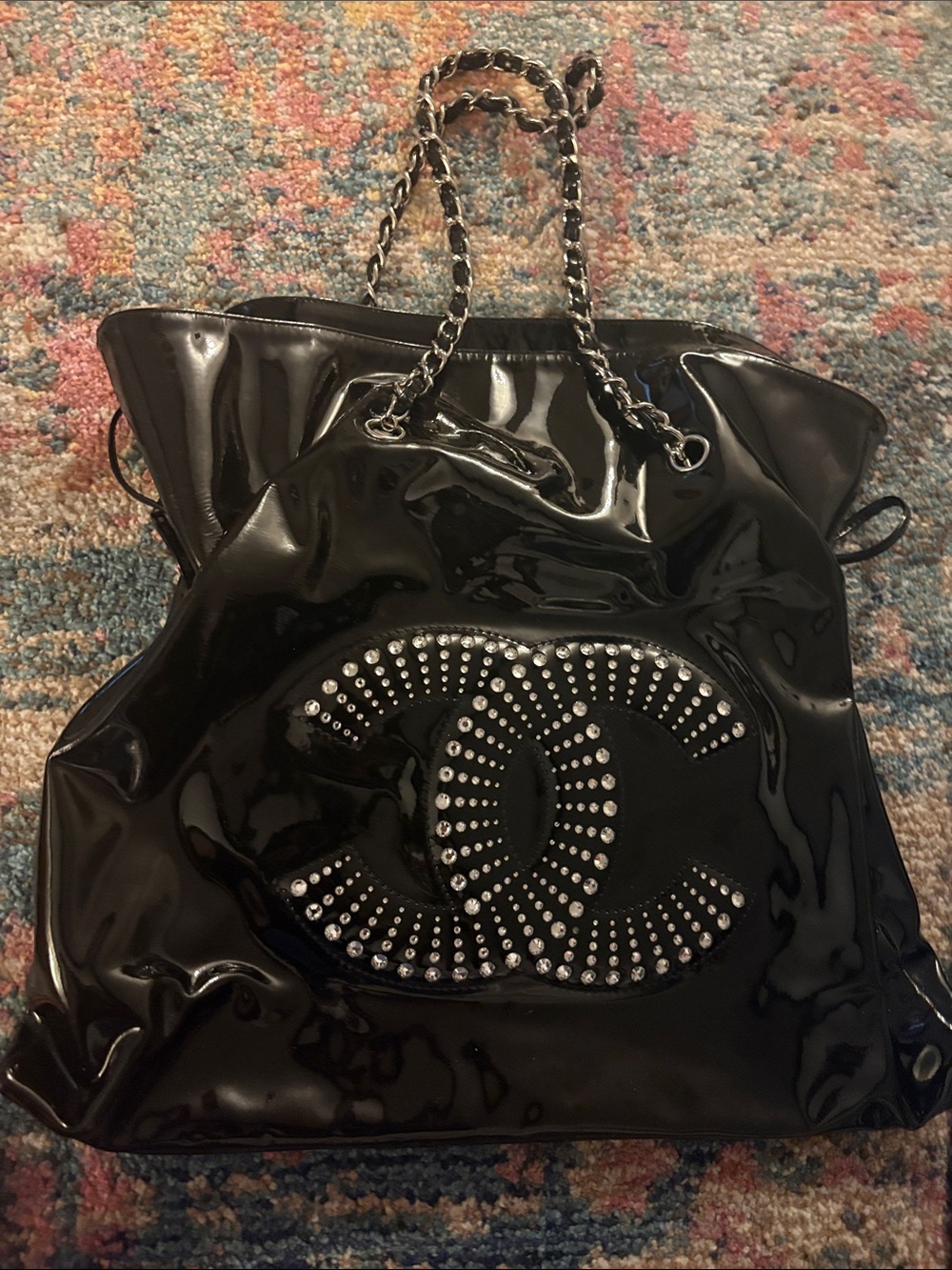 Chanel large black Patent Studded Double-C Toggle Tote Bag